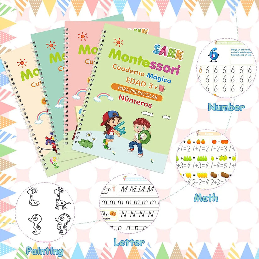 🌈KIT DE CALIGRAFÍA INFANTIL-4 CUADERNOS REUTILIZABLES🌈